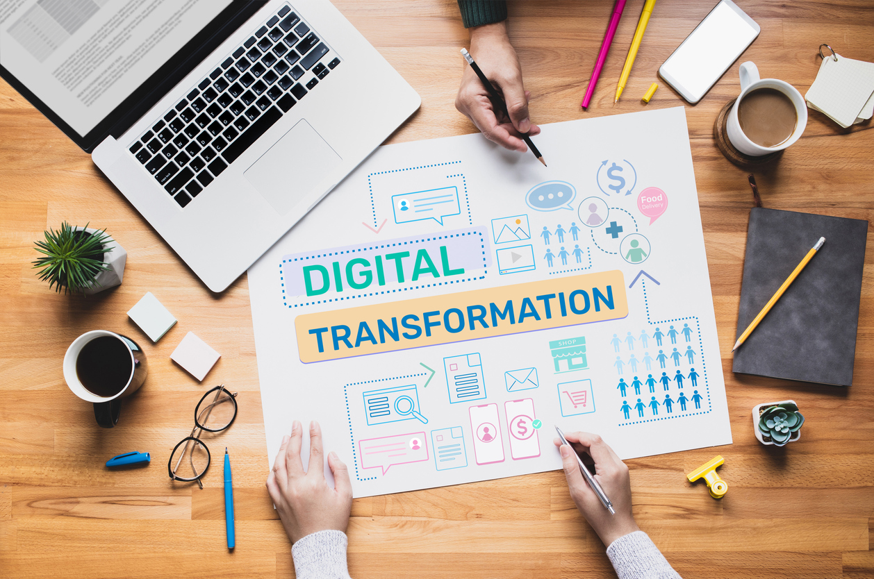 Transformación digital o conceptos comerciales en línea con ideas de plataforma de planificación y pensamiento de jóvenes. diseño de comunicación